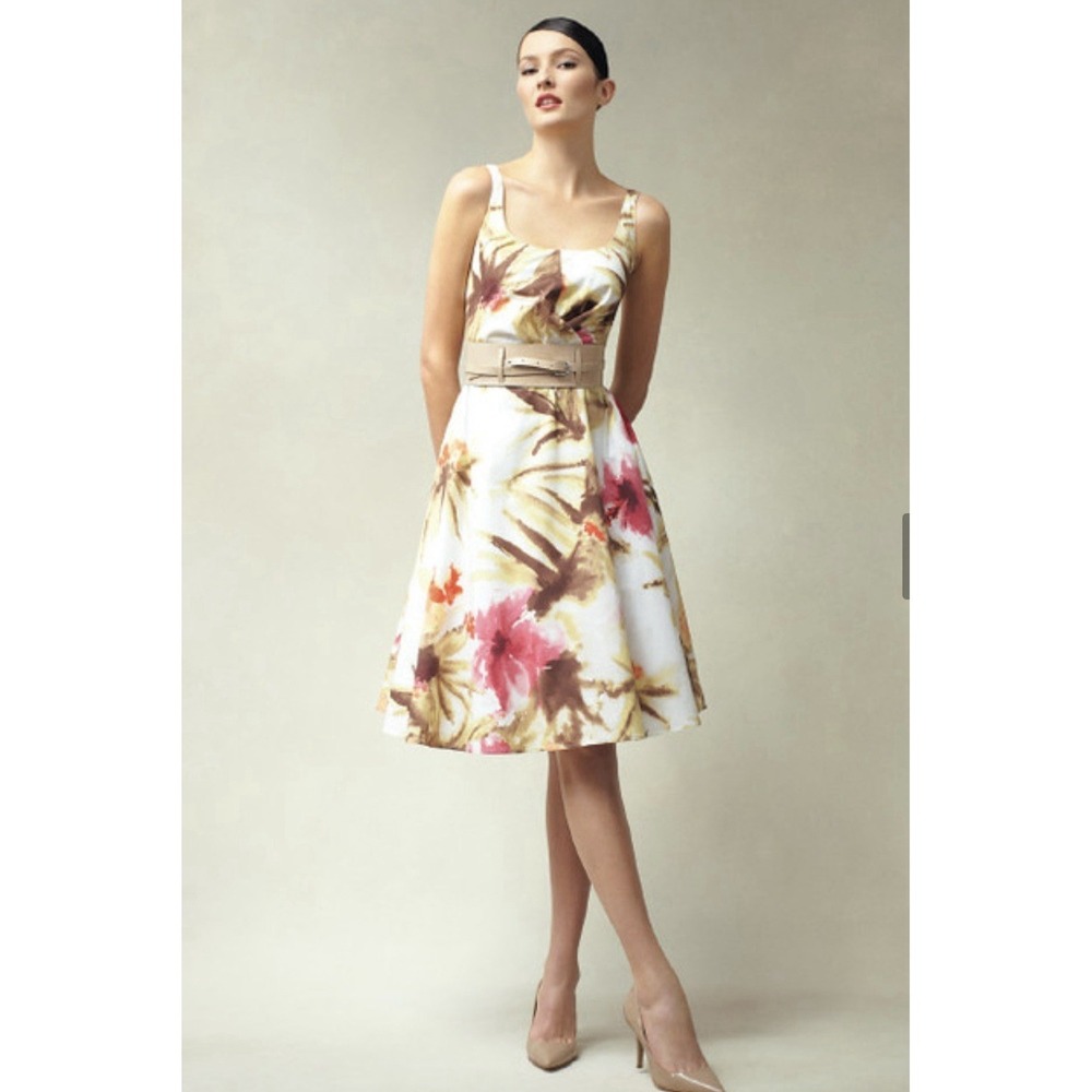 Ladies Talbots Ivory Brown Pink Watercolor Floral Fit & Flare Dress Size 12P